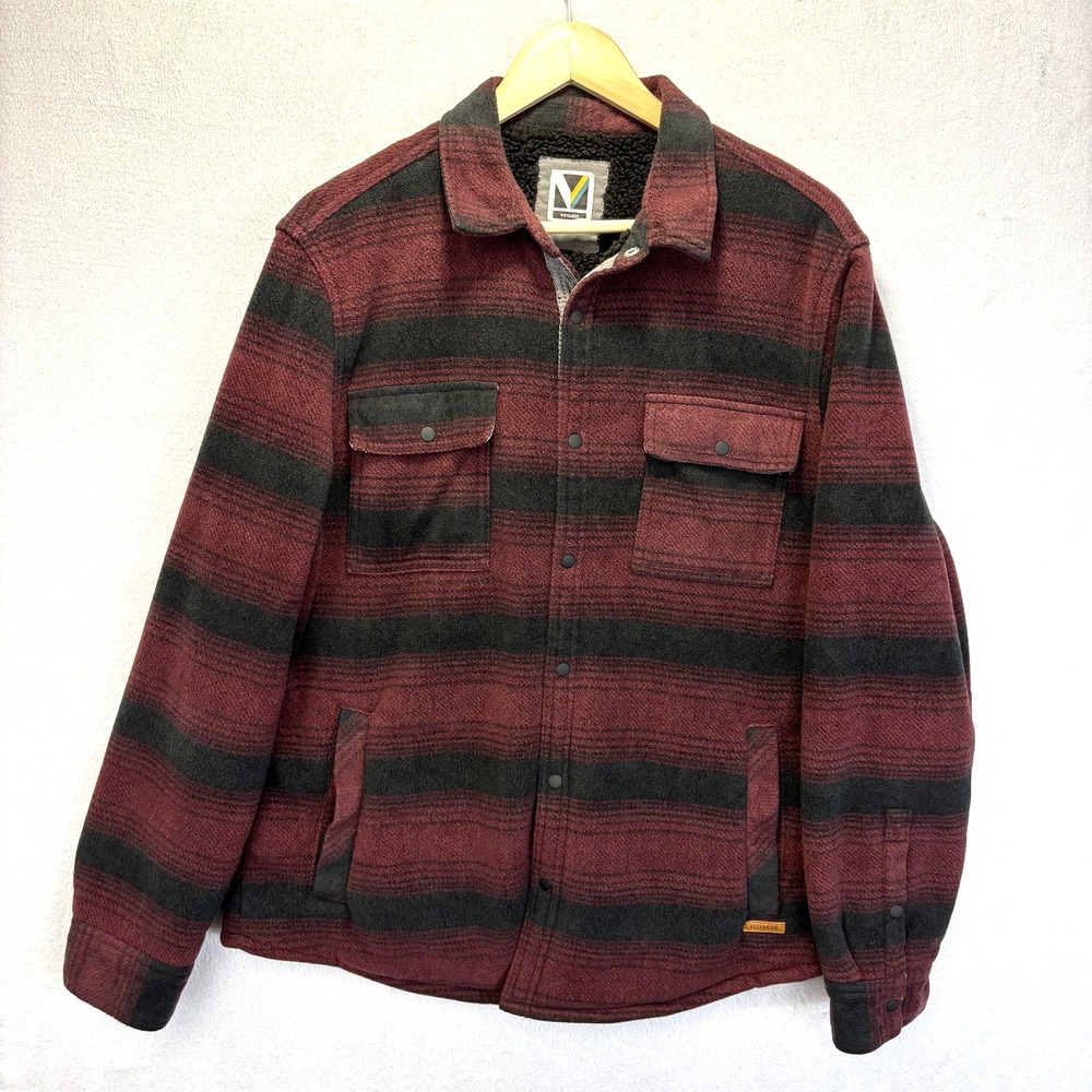 Voyager Fleece Sherpa Lined Jacket Mens Medium Red Black Stripe Bomber Shacket